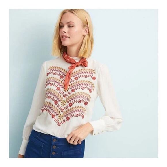 Anthropologie Meadow Rue Daphne 0 XS Embroidered Blouse Ivory Cottage Boho - Picture 1 of 14
